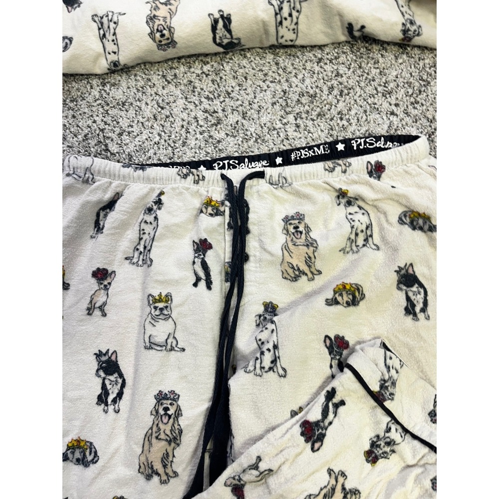 PJ Salvage Women Small Dog Print Flannel Pajama Set Cream‎ Button Front Long - Picture 9 of 15